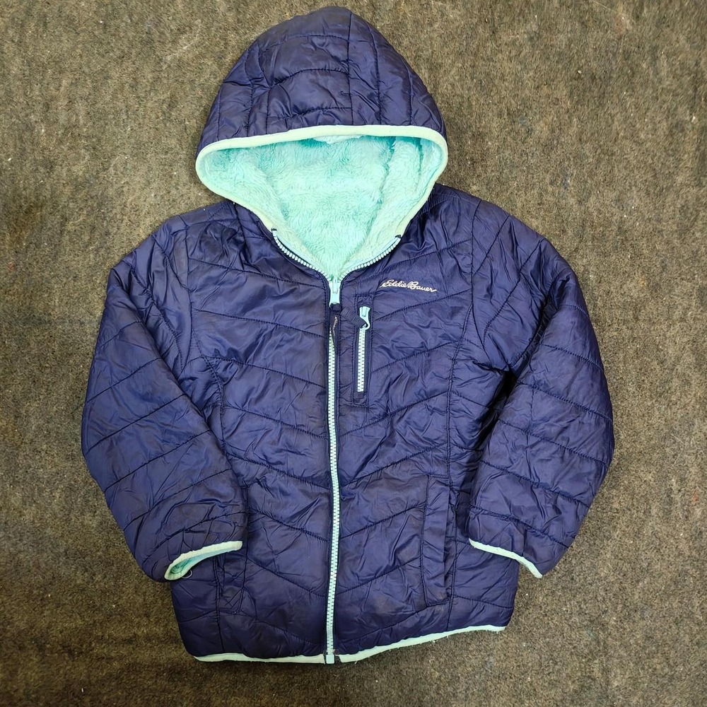 Eddie Bauer Navy Blue Puffer Jacket Fleece Lined Hooded Kids XS 5/6